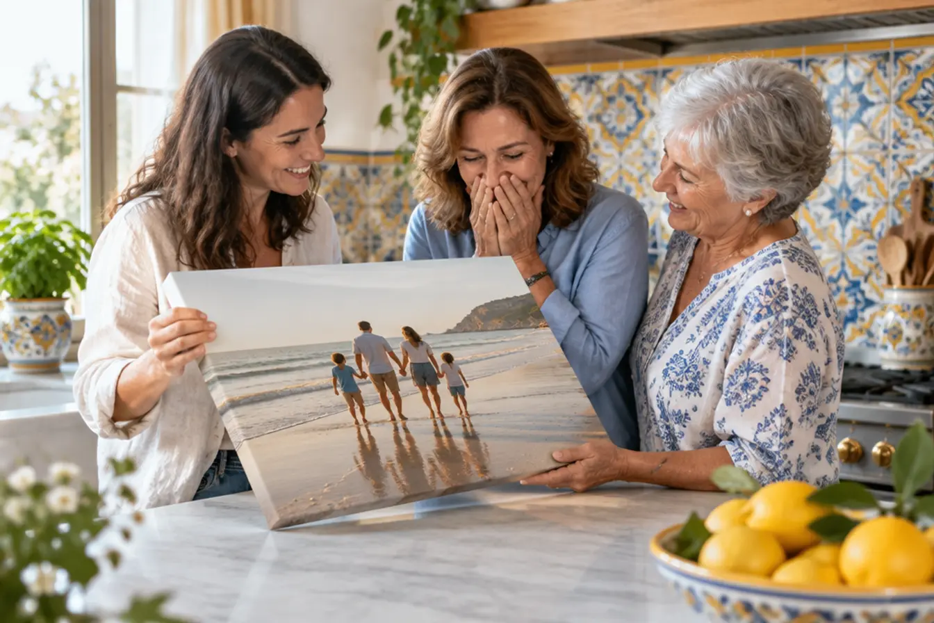 Una mamma, sua figlia e la nonna con una tela con le loro foto