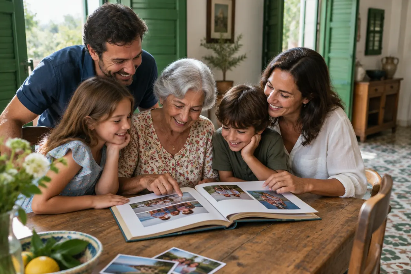 Tre generazioni sfogliano insieme il loro fotolibro